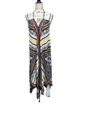 Floral & Stripe Handkerchief Hem Spaghetti Strap Midi Dress Black/Yellow/White S